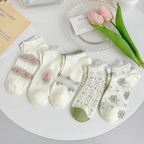 3 pairs - spring and summer thin glass silk lace mesh breathable relief flower shallow boat socks3