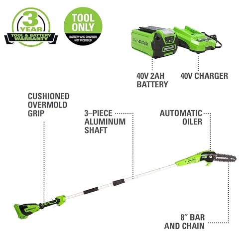 Image of Greenworks 40V 8 inch Cordless Pole Saw Battery and Charger Not Included, PS40B00