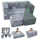 Picture of MeMoreCool Modular Kids Play Couch Sofa – Glow in The Dark Star Design, Fold-Out Toddler Couch for Playroom Furniture, Grey