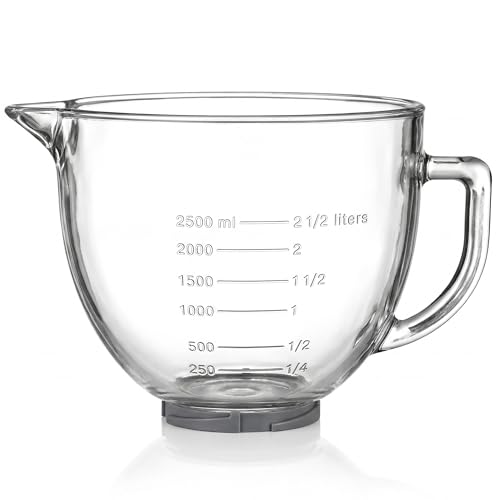 Mixing Bowl Fit KITCHENAID 4.5/5 QT Tilt-Head Stand Mixer, Large Glass Bowl, Batter Bowl with Handle and Measurement Markings, Dishwasher Microwave and Fridge Safe