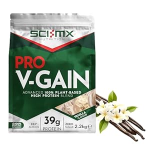 SCI-MX Pro-V Gain – 100% Vegan Vanilla Flavour Soy Protein Powder Isolate + B12 + Magnesium – Muscle Growth & Maintenance – Sugar Free, Non-GMO – 2.2KG (49 servings) 34g of protein per serving