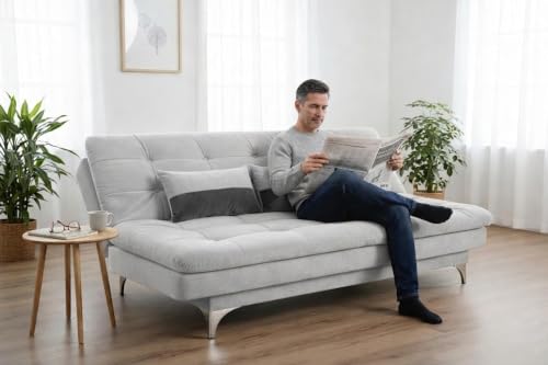 Image of FURNY Supersoft 3 Seater Fabric Sofa Cum Bed with Ottoman (Light Grey) Premium Velvet Finish with Extra 2 Cushions, Ideal for Living Rooms, Bedrooms, Offices