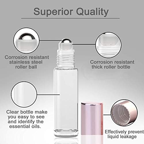 Alledomain 10Pcs, 10ml Essential Oil Roller Bottles Refillable Transparent Glass Roll on Bottles Clear Roll Bottles with Stainless Steel Balls & Rose Gold Cap, Include 12 Labels, Dropper & Opener