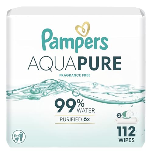 Pampers Aqua Pure Baby Wipes, 99% Water, Fragrance Free, Unscented, Water Based, Multi-Use, 112 Wipes Total (2X Flip-Top Packs) [Packaging May Vary]