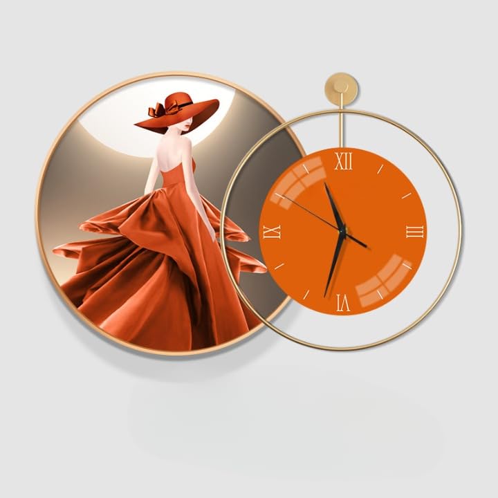Orologio da parete moderno alla moda, 78 cm, con ritratto di donna arancione