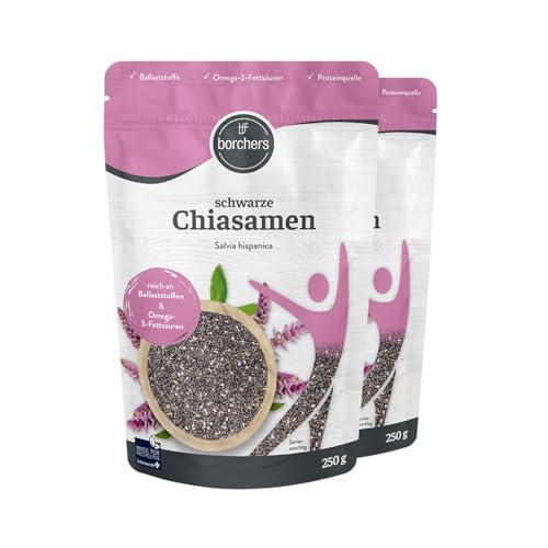 BORCHERS Chiasamen schwarz, 2x 250g, Hohe Quellfähigkeit, ballaststoffreich, Proteinquelle, Omega-3-Fettsäuren, zuckerarm, vegan, Ideal zum Toppen, Backen und Kochen