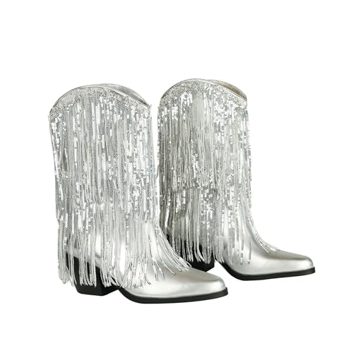 women's thick-heeled pointed toe western booties Ladies tassels fashionable boots3