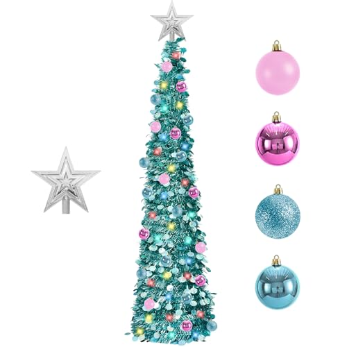 Image of 6FT Pop-Up Christmas Trees with Lights: Christmas Trees with 100 LED Lights - Collapsible Christmas Tinsel Trees Christmas Decorate for Home Apartment Room Holiday Party Inside Outside (Ice Blue)