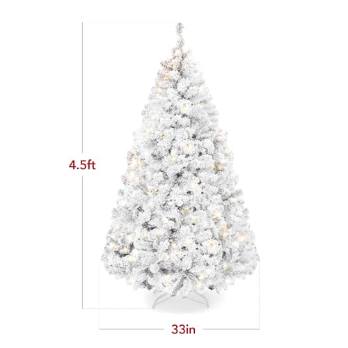 Best Choice Products Pre-Lit White Christmas Tree, 4.5ft Artificial Snow Flocked Full Fir Tree, Holiday Decoration w/ 200 Lights, 400 Branch Tips