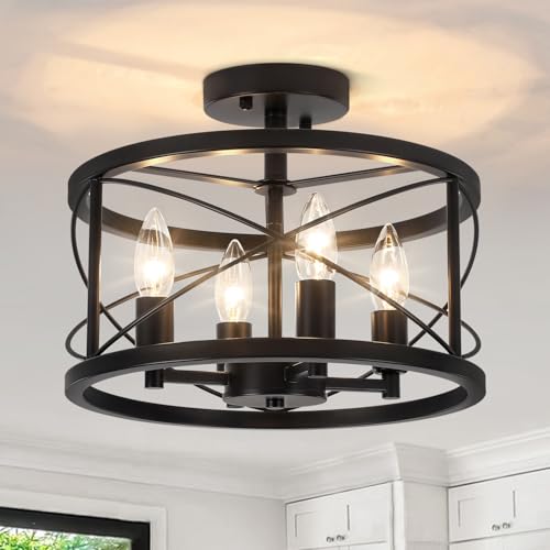 Black Semi Flush Mount Ceiling Light, 4-Light Farmhouse Modern Ceiling Light Fixture, Hallway Light Fixtures, Kitchen Lights, Ceiling Lamp for Entryway Bedroom Laundry Dining Room Lighting Fixtures
