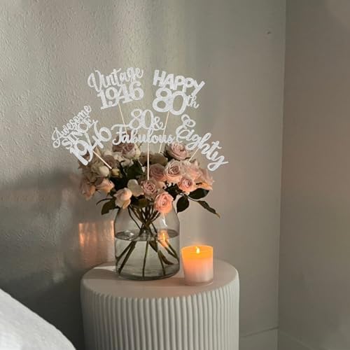 Image of 15 PCS 80th Birthday Centerpiece Sticks Glitter Eighty Happy 80 Vintage 1946 Table Flower Centerpieces Sticks Cheers to 80 Fabulous Floral Decorations for 80th Birthday Party Supplies Silver