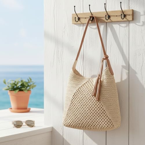 Bolso de paja, bolsos de verano con colgante de borla, bolso tote tejido grande para la playa, bolso casual de hombro, marrón claro, bolso de verano miniatura 6