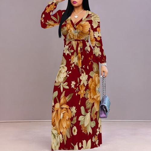 Image of Women Plus Size Long Sleeve V Neck Maxi Dress with Belt | Soft fabric relaxed fit three quarter sleeve v neck with pockets for party and daily wear