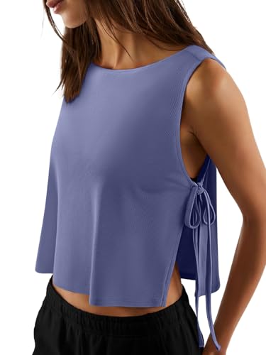 LASLULU Women's Loose Sleeveless Workout Tank Tops Side Tie Sports Gym Running Yoga Exercise Pilates Top Athletic Shirts Tank Tops for Women (Blue Nova, Small)