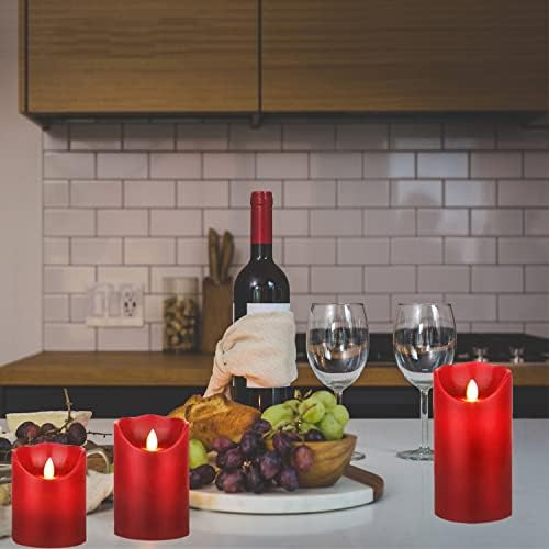 YIWER Battery Candles, 4" 5" 6" Set of 3 Real Wax Not Plastic Pillars Include Realistic Dancing LED Flames and 10-Key Remote Control with 2/4/6/8-hours Timer Function 200 Hours (3x1, Red)