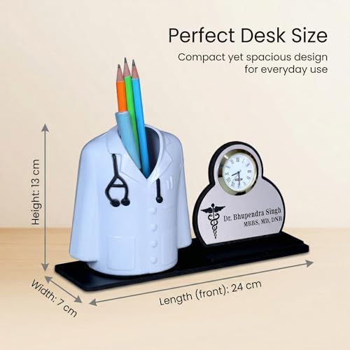 Image of Premium Apron /Coat Shape Pencil Holder for Clinic and Office Desk with clock | personalized gift for doctor Pen Stand | The best gift for doctors female, male & Medical Aspirants