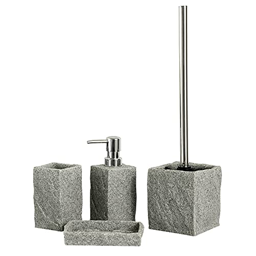 zhanwang badaccessoires 4-teiliges Set, inklusive Seifenschale, Zahnbürstenhalter, WC-Bürste, Seifenspender, Grauer Sand Granit (grau-4) Cover