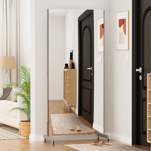 Baldur 割れないミラー 軽量 全身鏡フィルムミラー 日本製フィルム 姿見鏡 壁掛け 立て掛け 完成品 大型 飛散防止 地震対策 フィットネス ダンス 筋トレ おしゃれ バレエ ピラティス ダンス練習 マグネット付 (ウォールナット(キャスター付),