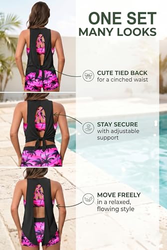 Image of Aqua Eve 3 Piece Tankini Swimsuit for Women Tank Bathing Suit with Shorts Open Back Athletic Swimwear