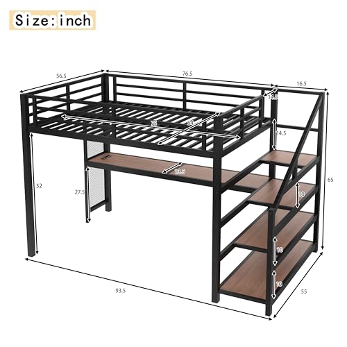 Image of Bellemave Full loft Bed with Storage Stairs, Shelves, Metal Loft Beds with LED Lights, USB Ports, Multifunctional Iron Nets for Adults, Kids, Teens, Black