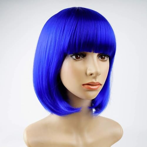 Dark Blue Straight Bob Wig with Bangs Short Length Apple Cut
