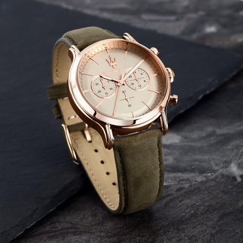 Image of Maserati Classic Men's Luxury Watch, Stainless Steel Case, Quartz Movement, Leather Strap, 100M Water Resistant Timepiece, Beige Dial, 2 Years Warranty - R8871633007