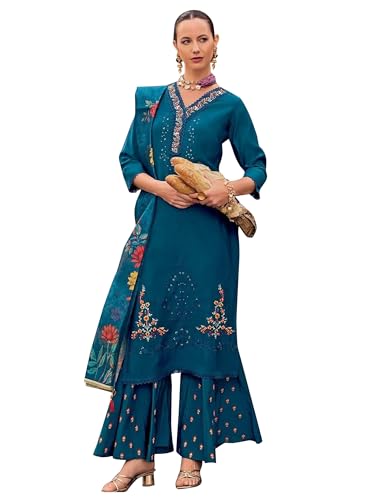 TRENDMALLS Women's Cotton Silk Kurta Palazzo Dupatta Set-G309-Teal Blue