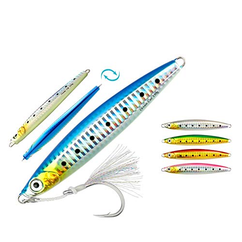 OCEAN CAT Slow Fall Pitch Lead Metal Flat Fishing Jigs Spoons Lures Sinking Vertical Jigging Bait with Assisted Hooks for Saltwater Fishing (Blue&Silver, 150g)
