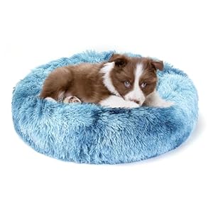 Donut Calming Dog Cat Bed, Fluffy Washable Plush for Small Medium Large Pets, Anti-Anxiety Round Puppy Bed With Anti-Slip Bottom (XS, Gradient Blue)