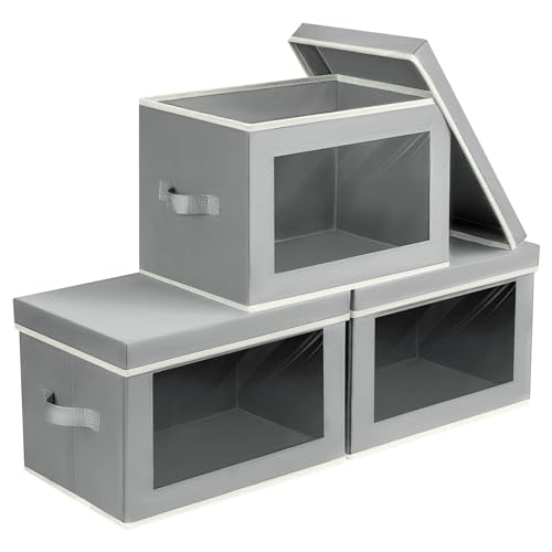 Image of Storage Bins, Storage Baskets for Shelves with Window, Fabric Storage Bins with Handle, Foldable Storage Cubes Boxes for Organizing for Clothes, Towels, Books, 3 Pack, Grey