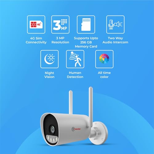 Image of Trueview 3mp 1296p HD All Time Color 4G Sim Based Bullet CCTV Security Camera for Home, Shop, Office, Farm, and Construction Site | IP66 Waterproof Rating | with 9 IR LED