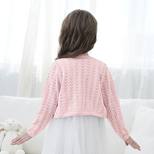 Girls Open Front Crochet Knit Bolero Shrug Kids Long Sleeve Button Down Cropped Cardigan Sweaters Cute Warm Knitwear For Dress,Light Pink,9-10 Years #TOP5