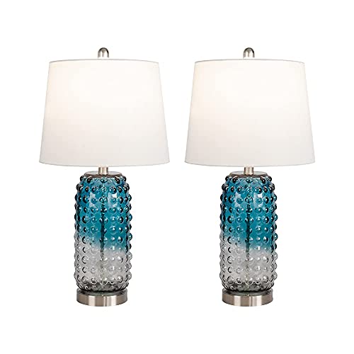 Maxax Glass Table Lamps Set Of 2 With Usb Charging Port, 25" Tall Blue Bedside Lamps With White Shade For Bedroom, Living Room, Office (Etl Certified) #TOP6