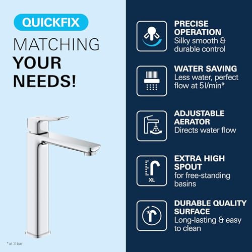 GROHE Dice Smooth Body Washbasin Mixer Tap for Free Standing Basins (XL-Size 270mm, 28 mm Ceramic Cartridge, Water Saving, Tails 3/8 Inch, Easy to Fit with the Included QuickTool), Chrome, 1018920000 - 4
