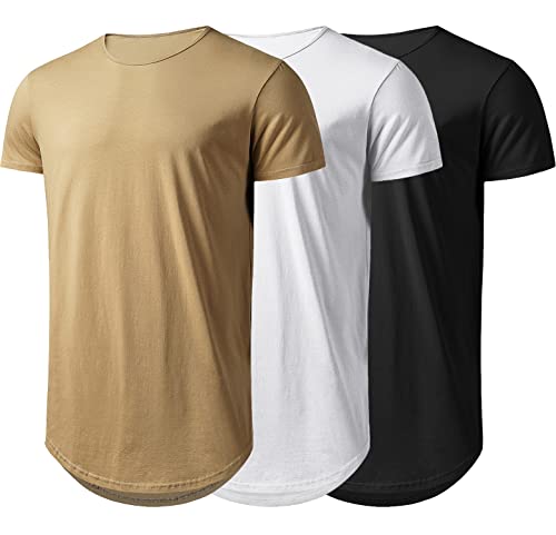 Athlemon Mens Long Shirts for Men Extra Long T Shirts Mens t-Shirts Longline Hipster Reflective Line Scallop Tees, Khaki+white+black, S