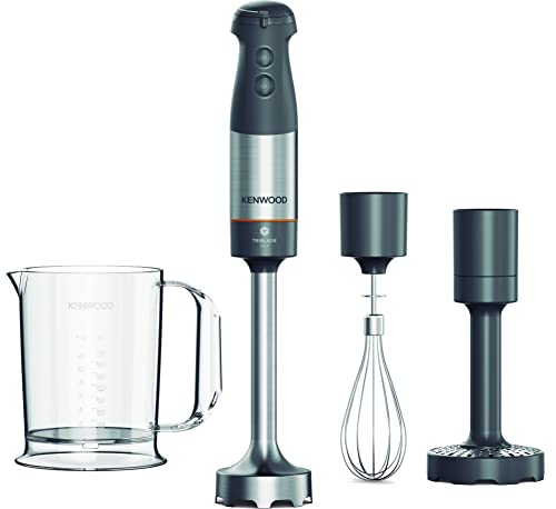 Kenwood HBM60.007GY Mikser immersyjny Triblade XL,1000, z anty-natryskiem, akcesoria do siekania, trzepaczka metalowa i kruszarka do warzyw, plastikowy kubek BPA-free, można prać w zmywarce, Szary