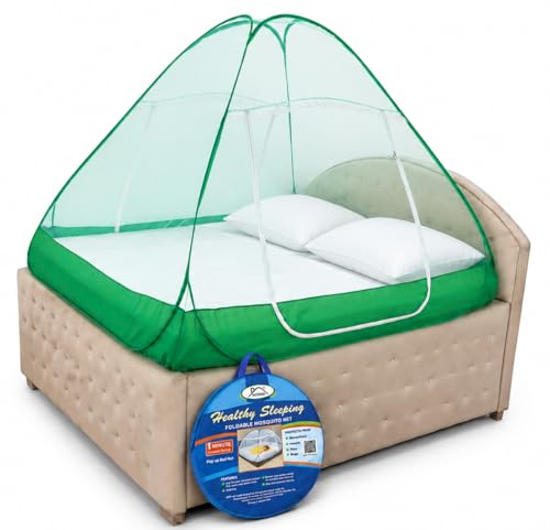 Image of Healthy Sleeping Mosquito Net | Double Bed | Supreme King Size Bed | Foldable Machardani with 2 Side Zipper Opening | Strong 30GSM Polyester Net | PVC Coated Steel Wire (Green)