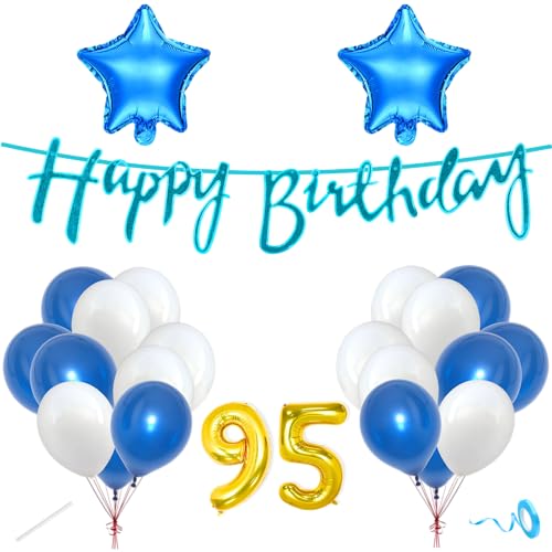 Image of Flyloons 95th Happy Birthday Decoration Kit Blue White for Boys Girls Men Women Adults With 20 Pcs Metallic Balloons Birthday Banner 2 Pcs Star Items Set