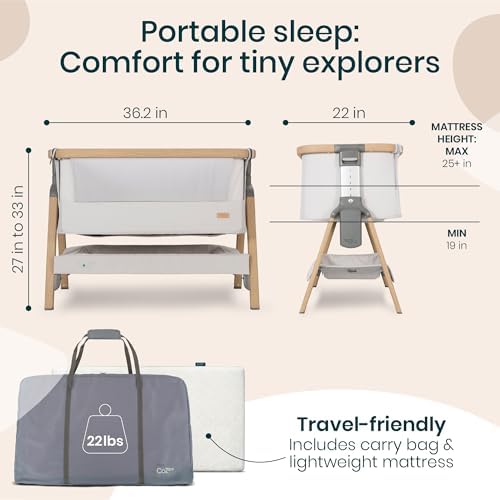 Tutti Bambini CoZee® 2-in-1 Baby Bassinet & Bedside Sleeper - Fast-Folding Bedside Bassinet, Baby Crib with 6 Mattress Heights & Breathable Mesh Window, Mattress Included, 0-6 Months (Silver & Oak) — view 5