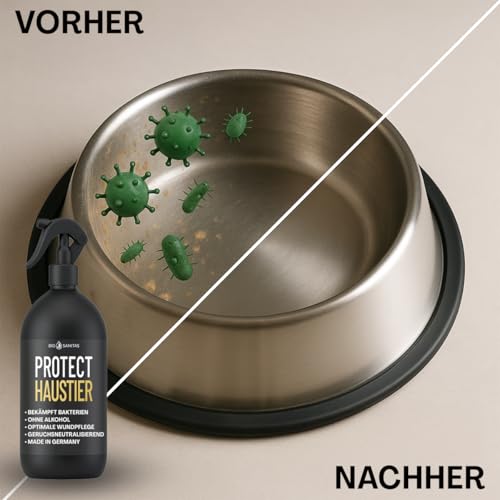 BIO SANITAS PROTECT Haustier Desinfektionsspray, 500 ml Hunde Desinfektion alkoholfrei für Katzen und Hunde, Desinfektionsmittel für Näpfe, Spielzeug, Transportboxen u.v.m., Geruchsneutralisierend