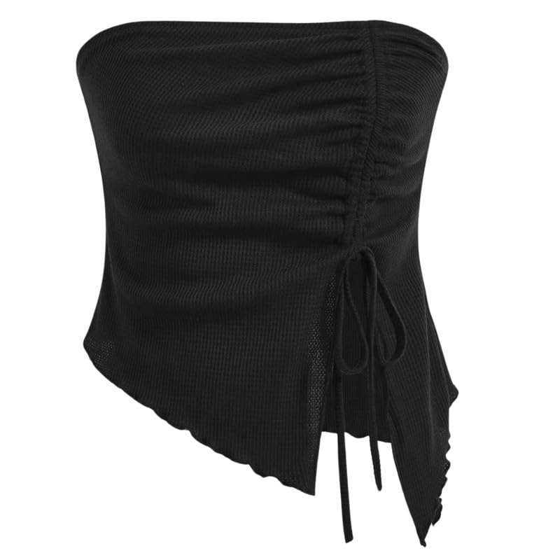 fierre shann Women's Summer Style Drawstring Slit Irregular Waffle Slim Fit Tube Top Vest Top-picture-33
