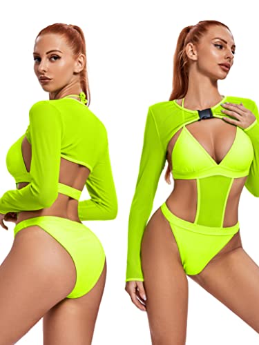 2 Piece Women Rave Outfits Neon Bodysuit Crop Top Long Swimsuits Mesh Shrug With Buckle For Festival Club Party(Green,M,1017E) #TOP6