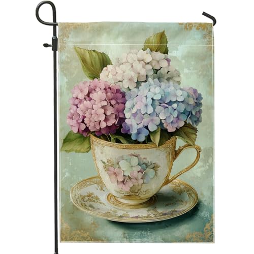 Bandera de jardín de hortensias, diseño floral colorido de taza de té, decoración al aire libre, pancarta de patio de primavera y verano para decoración del hogar y el jardín, bandera de estilo