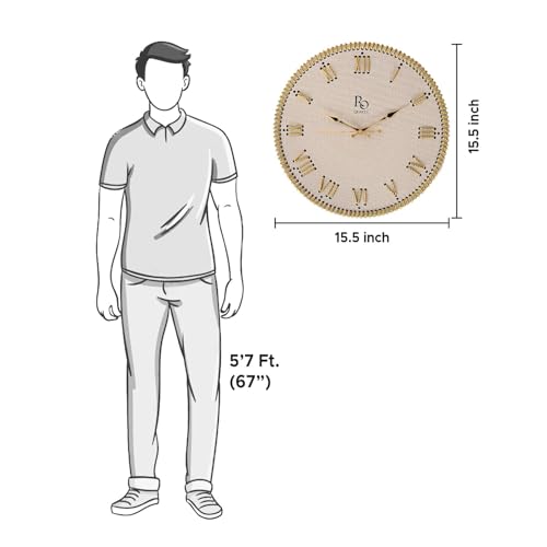 Image of Wooden Round Shape Roman Dial Wall Clock with Gold Zari Rope Detailing and Golden Hands | Silent Quartz Movement Anti Reflection Analog Vintage Clock for Office & Home (Ivory, 15.5 Inch)