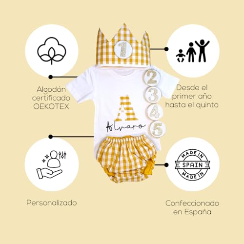 Conjunto Cumpleaños 1 año Personalizado - Camiseta con nombre Bebé - Regalo primer cumpleaños - Smash Cake - Corona cumpleaños (Vichy Rosa) (Mostaza)