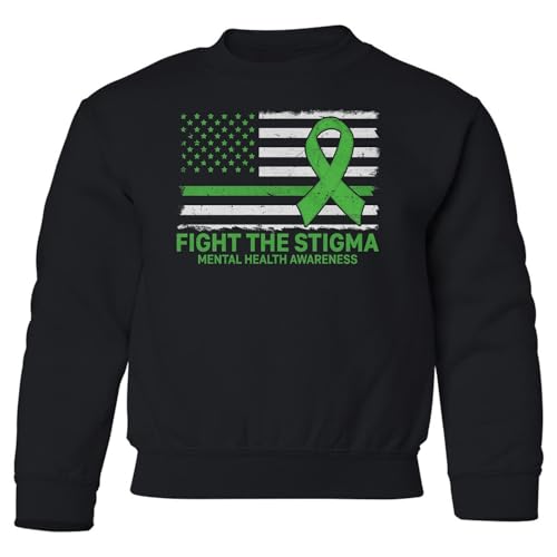 Fight The Stigma Green Ribbon US Flag Mental Health Youth Crewneck Sweatshirt