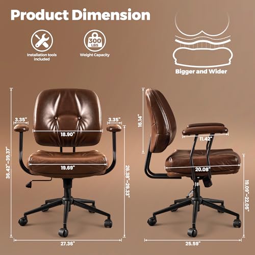Image of ovios Ergonomic Office Chair, Mid Back Faux Leather Executive Chairs with Thick Cushion, Comfy Mid-Century Modern Swivel Rolling Computer Armchair (Dark Brown, PU Leather)
