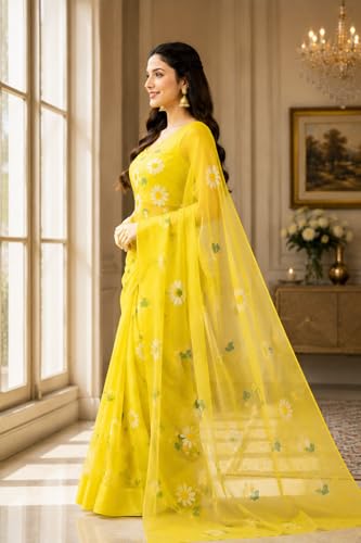 Jogal Women's Yellow Floral Organza Saree - Image 5
