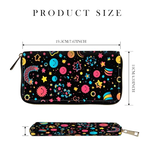 RFID-Blocking Zip Around Wallets for Women with Detachable Wrist Strap,Large Capacity Phone Holder with Card Organizer & Coin Pocket,Planet Smiling Face Star2