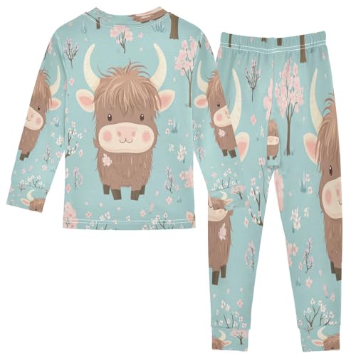 Pajama Sets Long Sleeve Highland Cow and Cherry Blossom Soft Comfy Sleepwear 2 Piece PJS 3-8T3